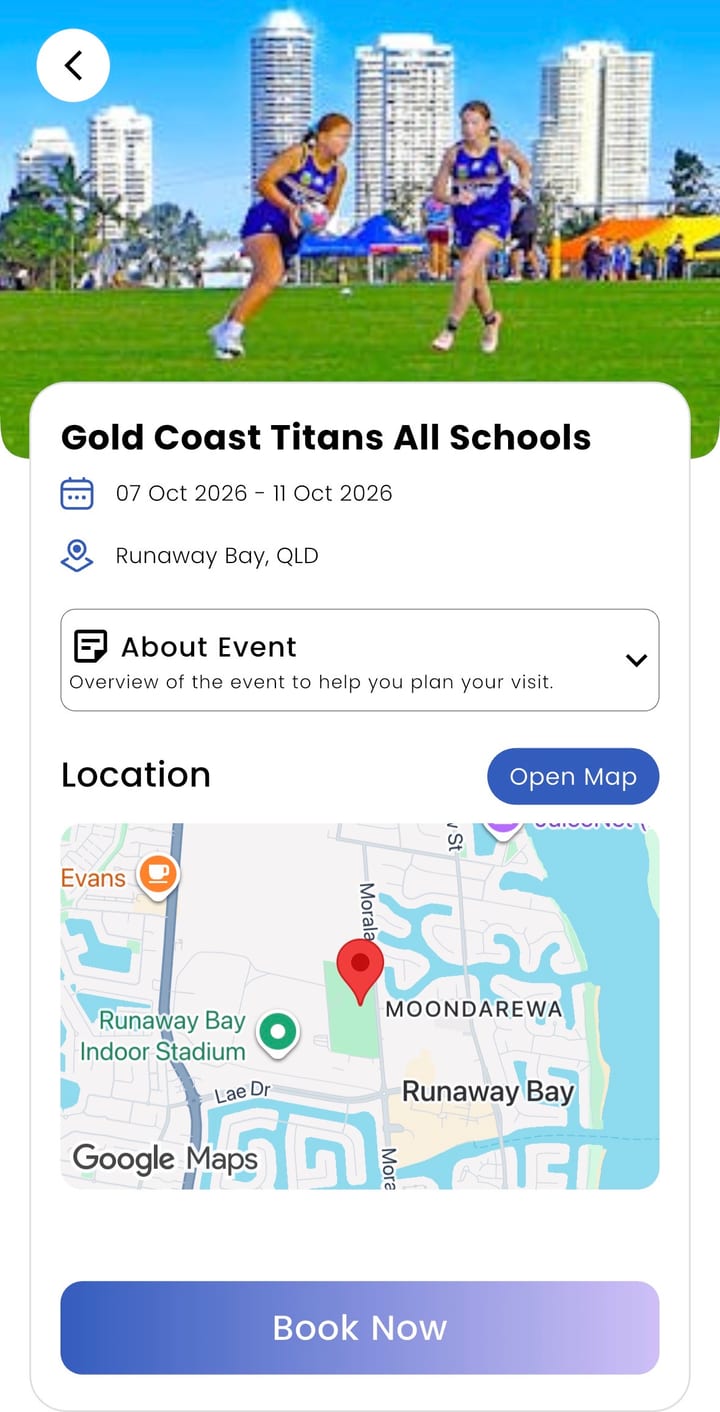 An event in the Inclusable app, Gold Coast Titans All Schools at Runaway Bay, with its location map and a Book Now button at the bottom