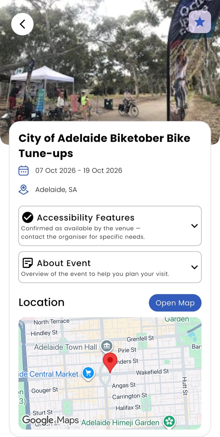 An event listing in the Inclusable app, City of Adelaide Biketober Bike Tune-ups, 7 to 19 October 2026, with Accessibility Features, About Event and a map of the location