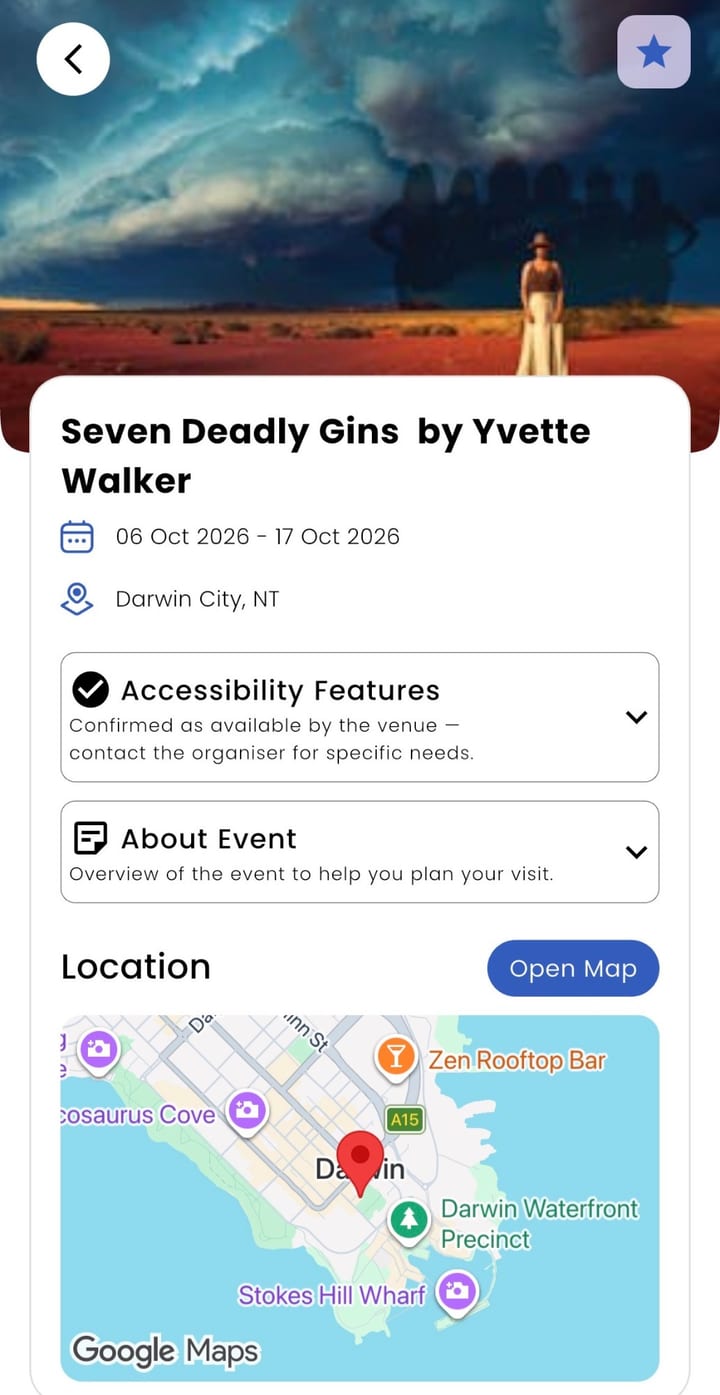 An event page in the Inclusable app: Seven Deadly Gins by Yvette Walker, 6 to 17 October 2026 in Darwin City, with Accessibility Features confirmed by the venue, an About Event section and a map of the location