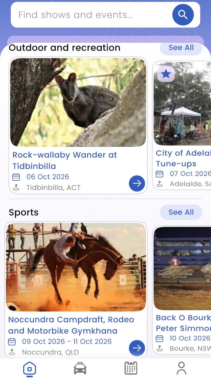 The Inclusable app home feed: a search box for shows and events, then rows of event cards under Outdoor and recreation and Sports, each with a photo, dates and place