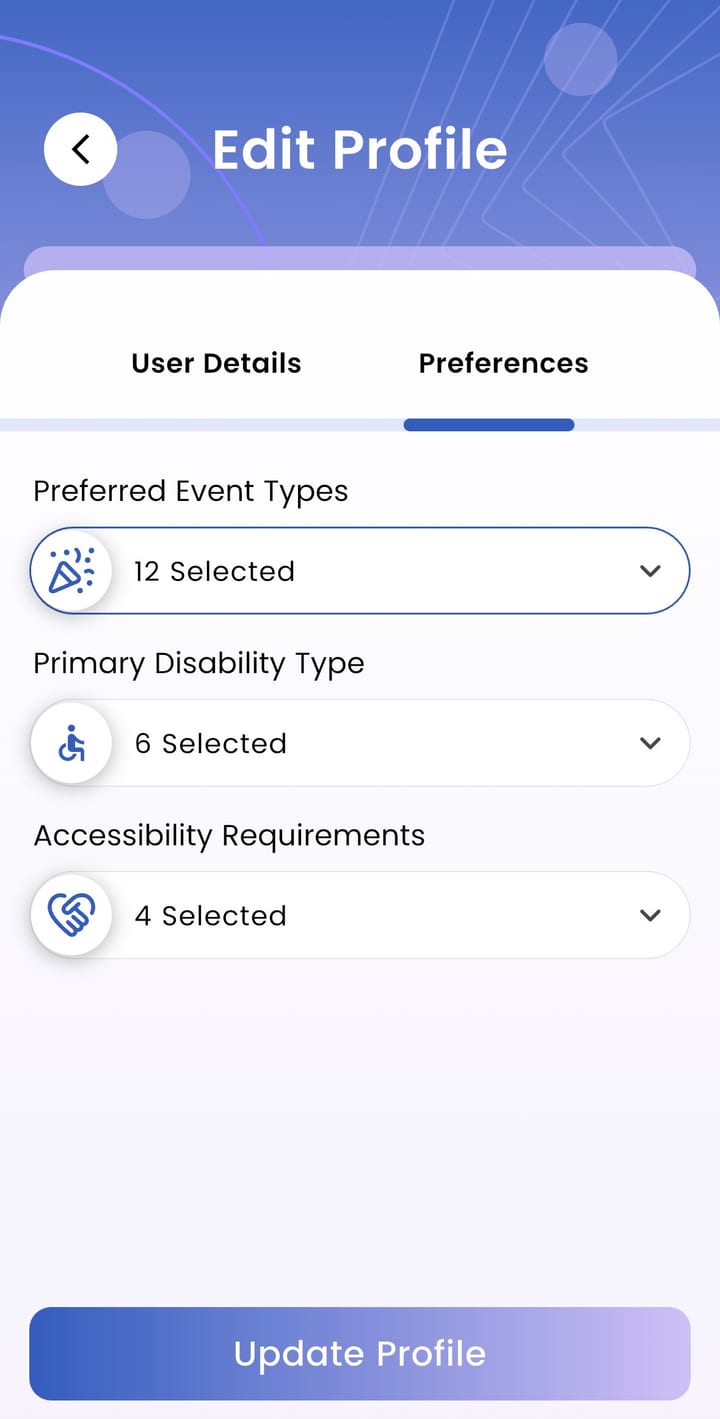 The Edit Profile screen in the Inclusable app, on the Preferences tab: Preferred Event Types, Primary Disability Type and Accessibility Requirements, each a drop-down with several options selected, and an Update Profile button