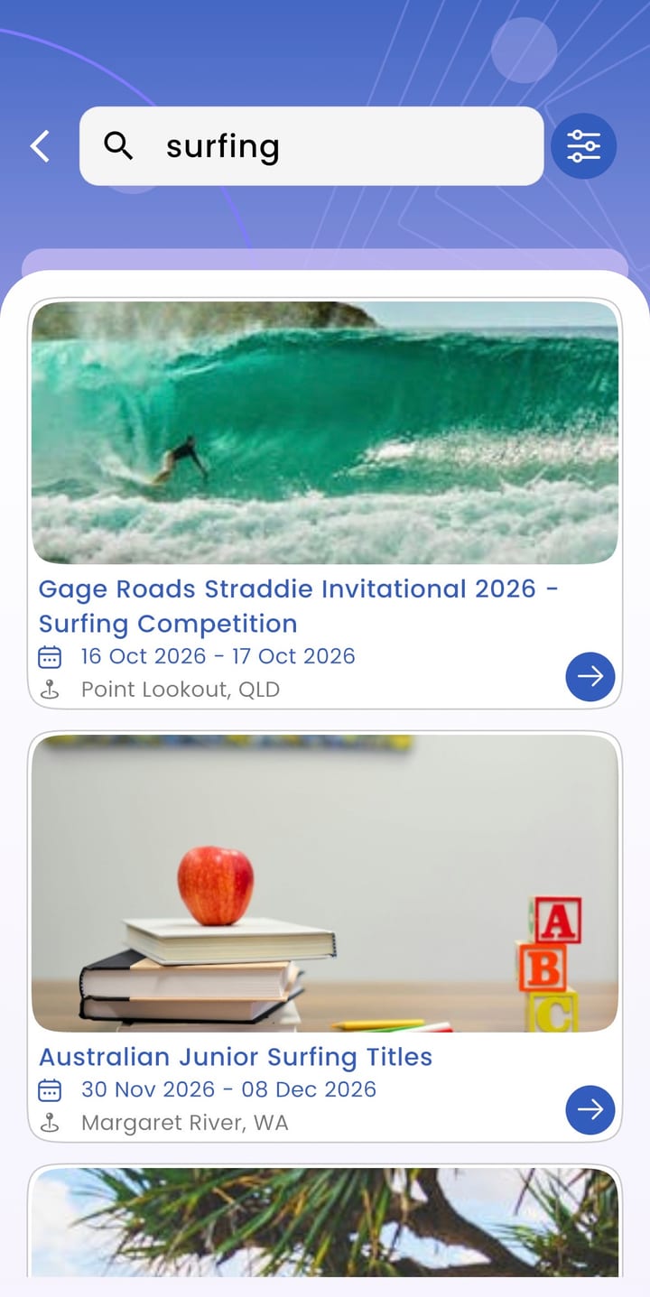 Searching the Inclusable app for surfing: results include the Gage Roads Straddie Invitational at Point Lookout, Queensland, and the Australian Junior Surfing Titles at Margaret River, Western Australia